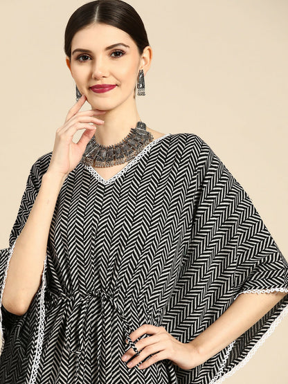 Black Striped Printed Kaftan for Women – V-Neck, Flared Sleeves, Asymmetric Hem | Indiaista