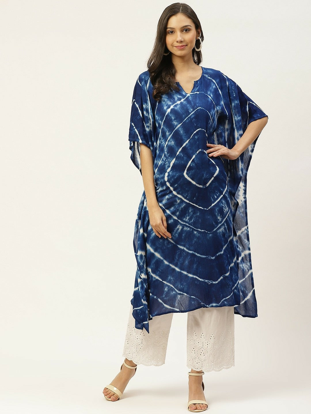 Women’s Navy Blue & White Hand-Dyed Kaftan Kurta – Asymmetric Hem, Viscose Crepe | Indiaista