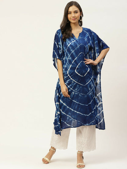 Women’s Navy Blue & White Hand-Dyed Kaftan Kurta – Asymmetric Hem, Viscose Crepe | Indiaista