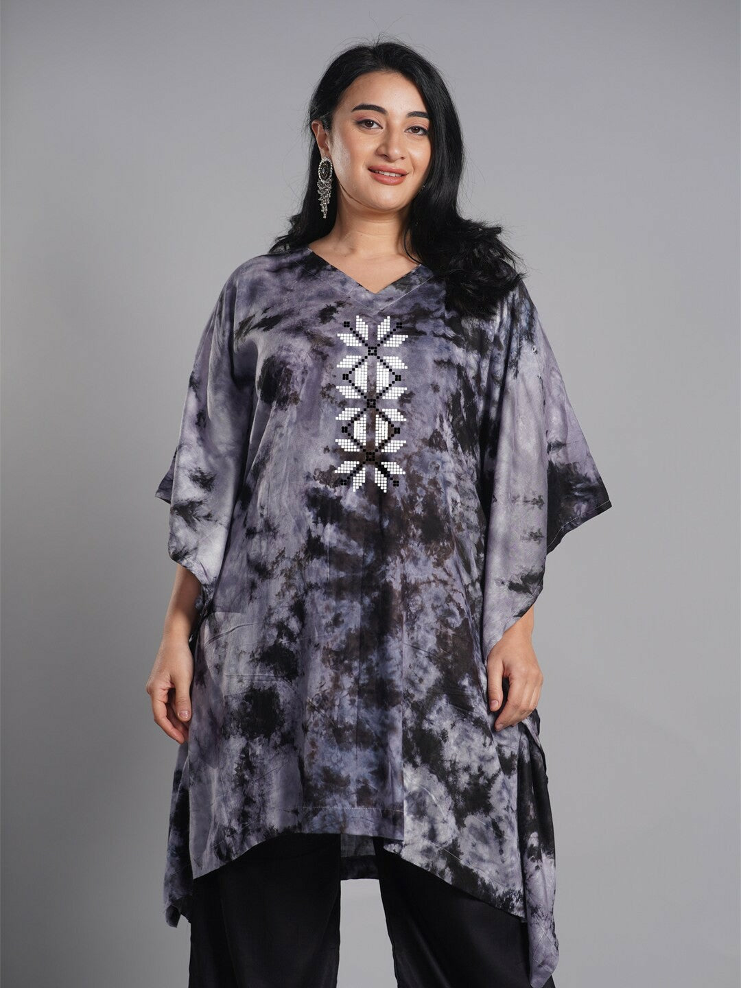 Plus Size Grey Floral Printed Kaftan Kurti for Women – V-Neck, Flared Sleeves | Indiaista