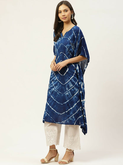 Women’s Navy Blue & White Hand-Dyed Kaftan Kurta – Asymmetric Hem, Viscose Crepe | Indiaista