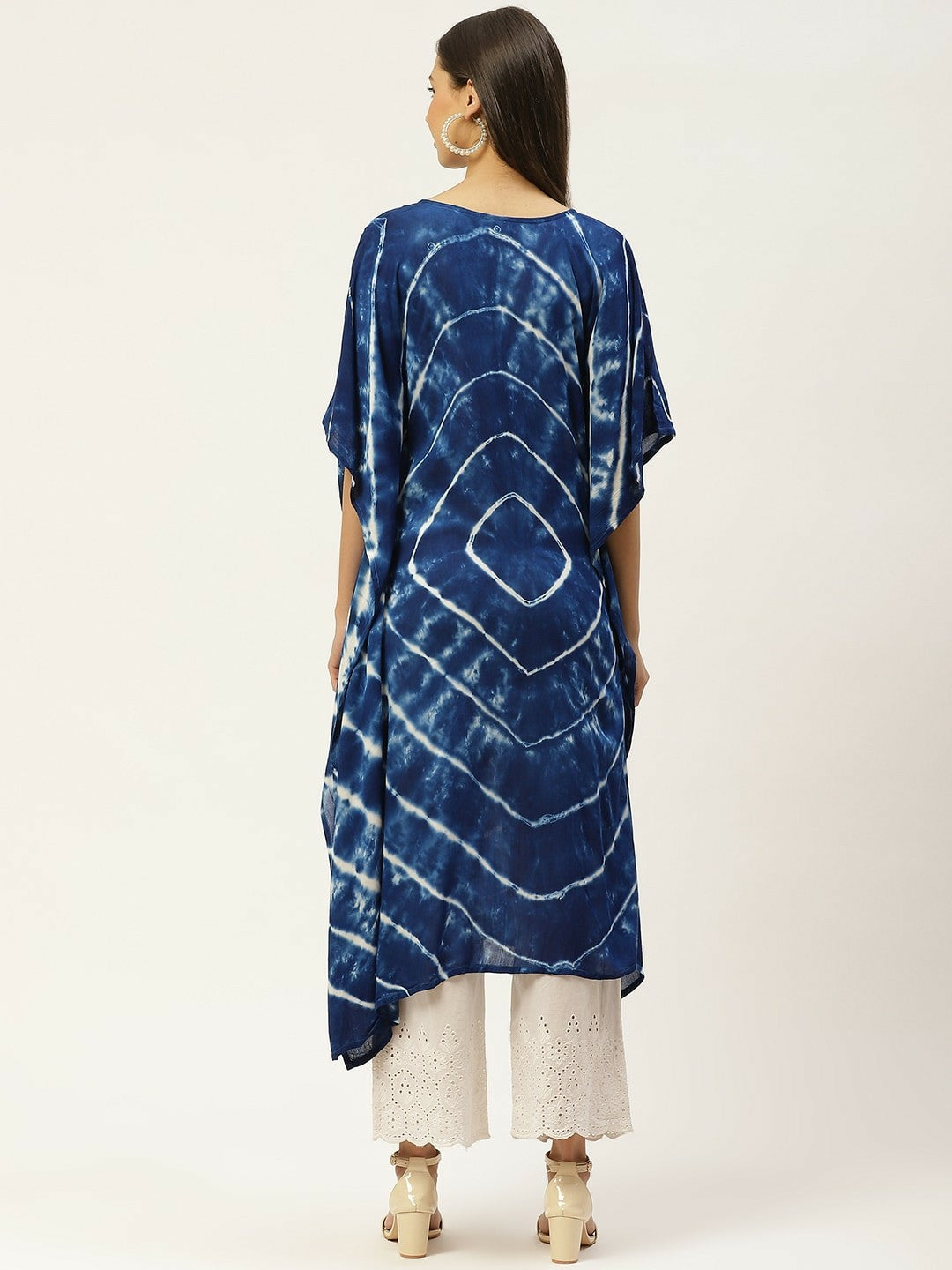 Women’s Navy Blue & White Hand-Dyed Kaftan Kurta – Asymmetric Hem, Viscose Crepe | Indiaista