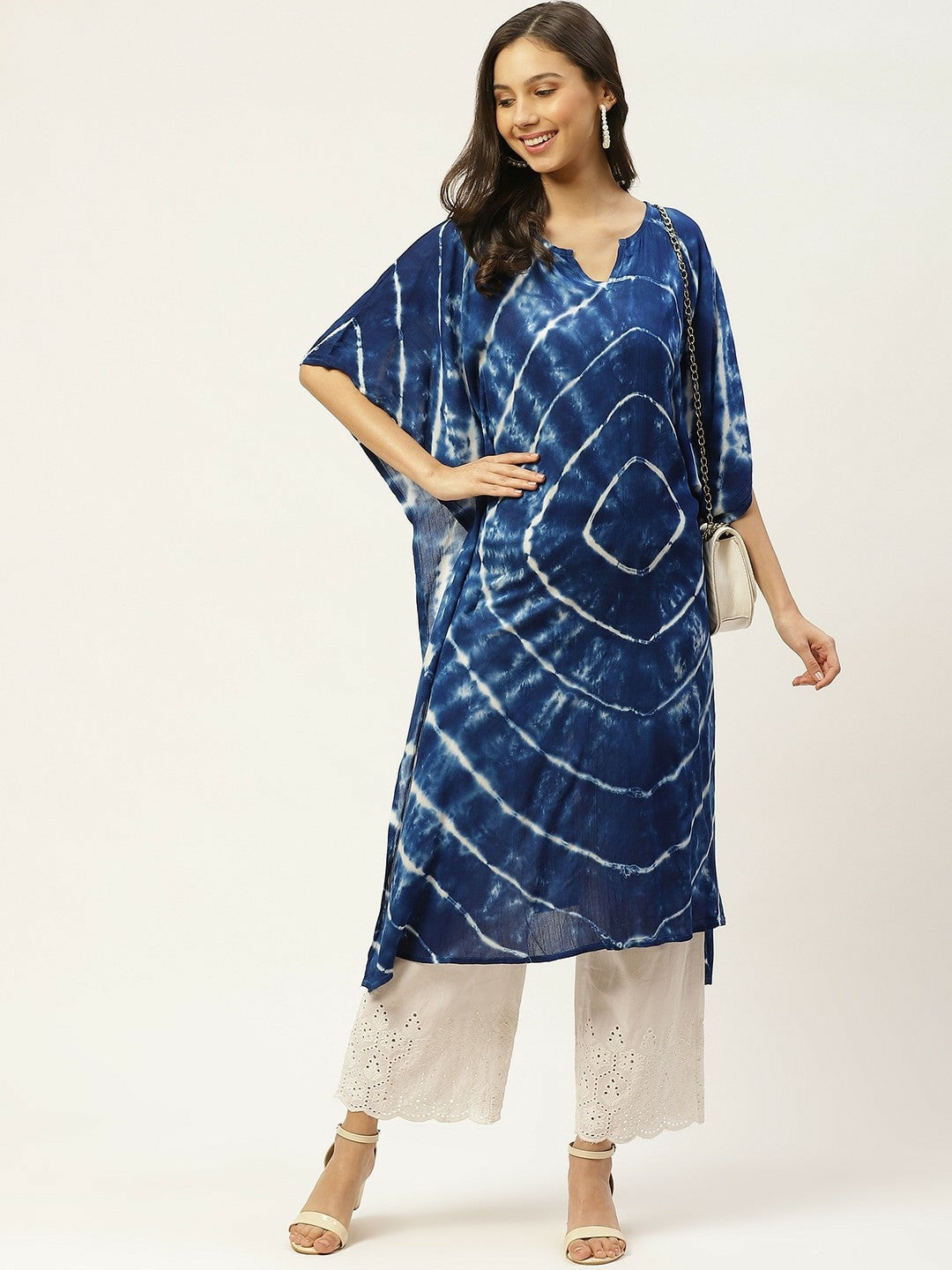 Women’s Navy Blue & White Hand-Dyed Kaftan Kurta – Asymmetric Hem, Viscose Crepe | Indiaista