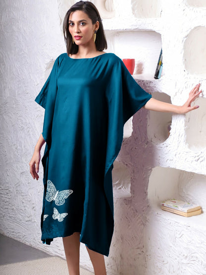 Teal Blue & White Graphic Printed Kaftan Dress – Midi Length, Asymmetric Hem | Indiaista