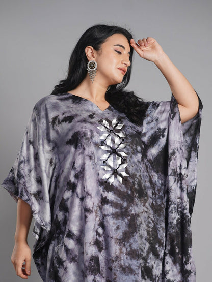 Plus Size Grey Floral Printed Kaftan Kurti for Women – V-Neck, Flared Sleeves | Indiaista