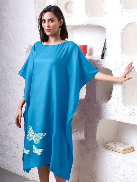 Turquoise Blue & White Kaftan Dress for Women – Printed Midi Dress with Kimono Sleeves | Indiaista