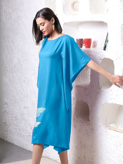 Turquoise Blue & White Kaftan Dress for Women – Printed Midi Dress with Kimono Sleeves | Indiaista