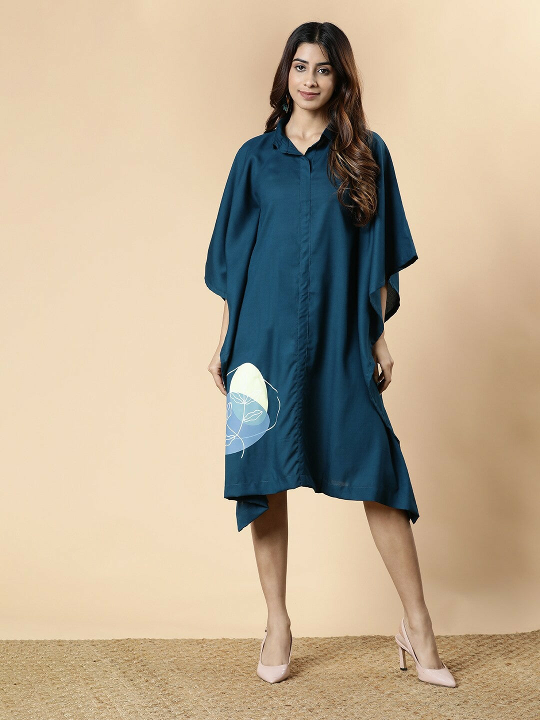 Teal Blue Floral Printed Kaftan Dress for Women – Midi Length, Kimono Sleeves, Asymmetric Hem | Indiaista