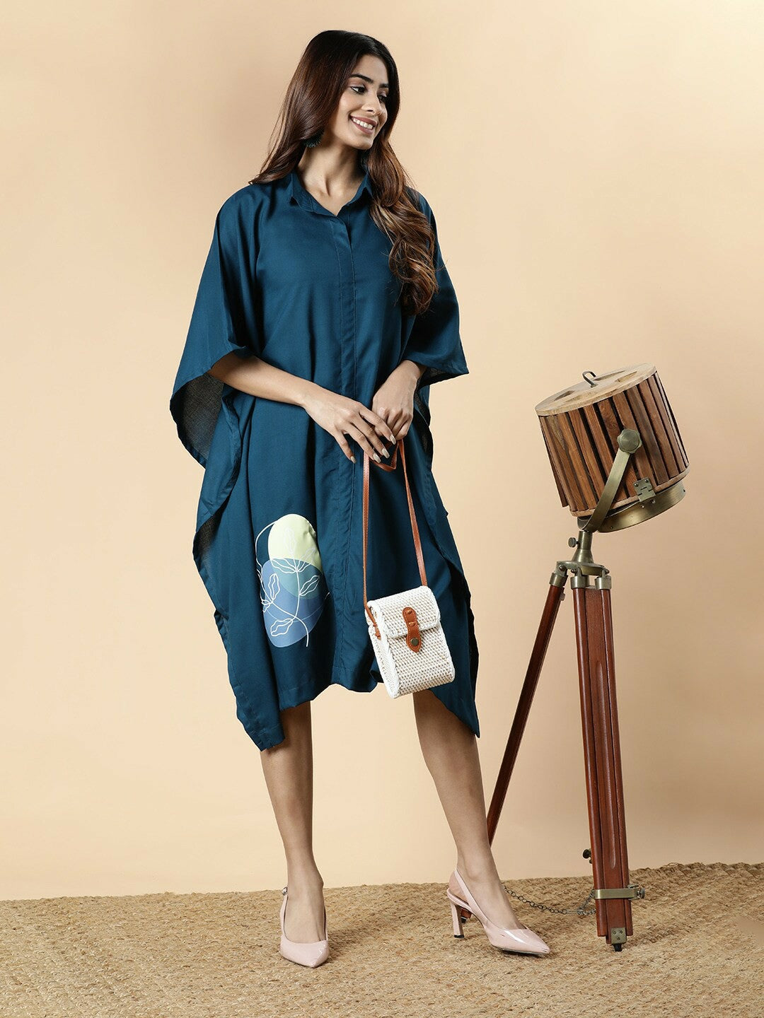 Teal Blue Floral Printed Kaftan Dress for Women – Midi Length, Kimono Sleeves, Asymmetric Hem | Indiaista