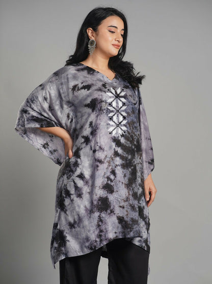 Plus Size Grey Floral Printed Kaftan Kurti for Women – V-Neck, Flared Sleeves | Indiaista