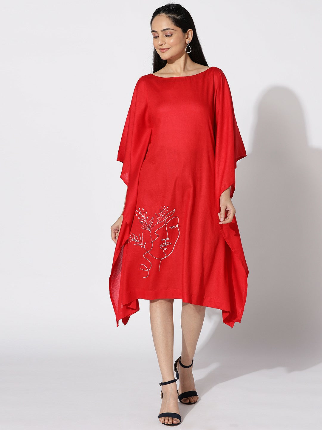 Red & White Graphic Printed Kaftan Midi Dress for Women – Round Neck, Extended Sleeves | Indiaista