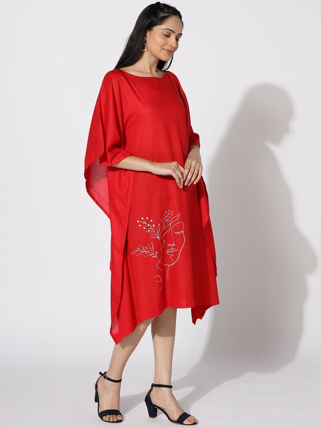 Red & White Graphic Printed Kaftan Midi Dress for Women – Round Neck, Extended Sleeves | Indiaista