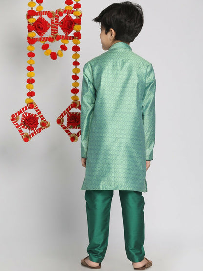 Boys Green Printed Kurta with Pyjama – Ethnic Silk Blend Outfit for Weddings & Festivals