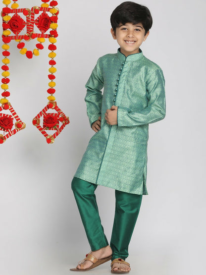 Boys Green Printed Kurta with Pyjama – Ethnic Silk Blend Outfit for Weddings & Festivals