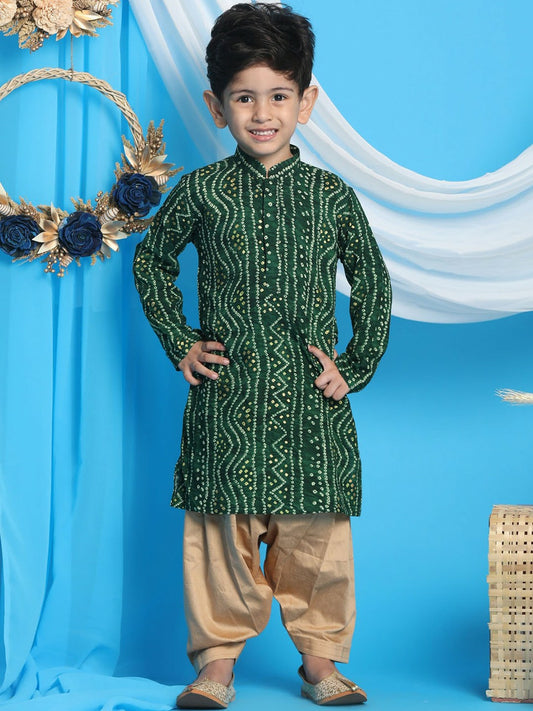 Boys Green Bandhani Printed Kurta with Dhoti Pants – Ethnic Wear for Festivals & Weddings