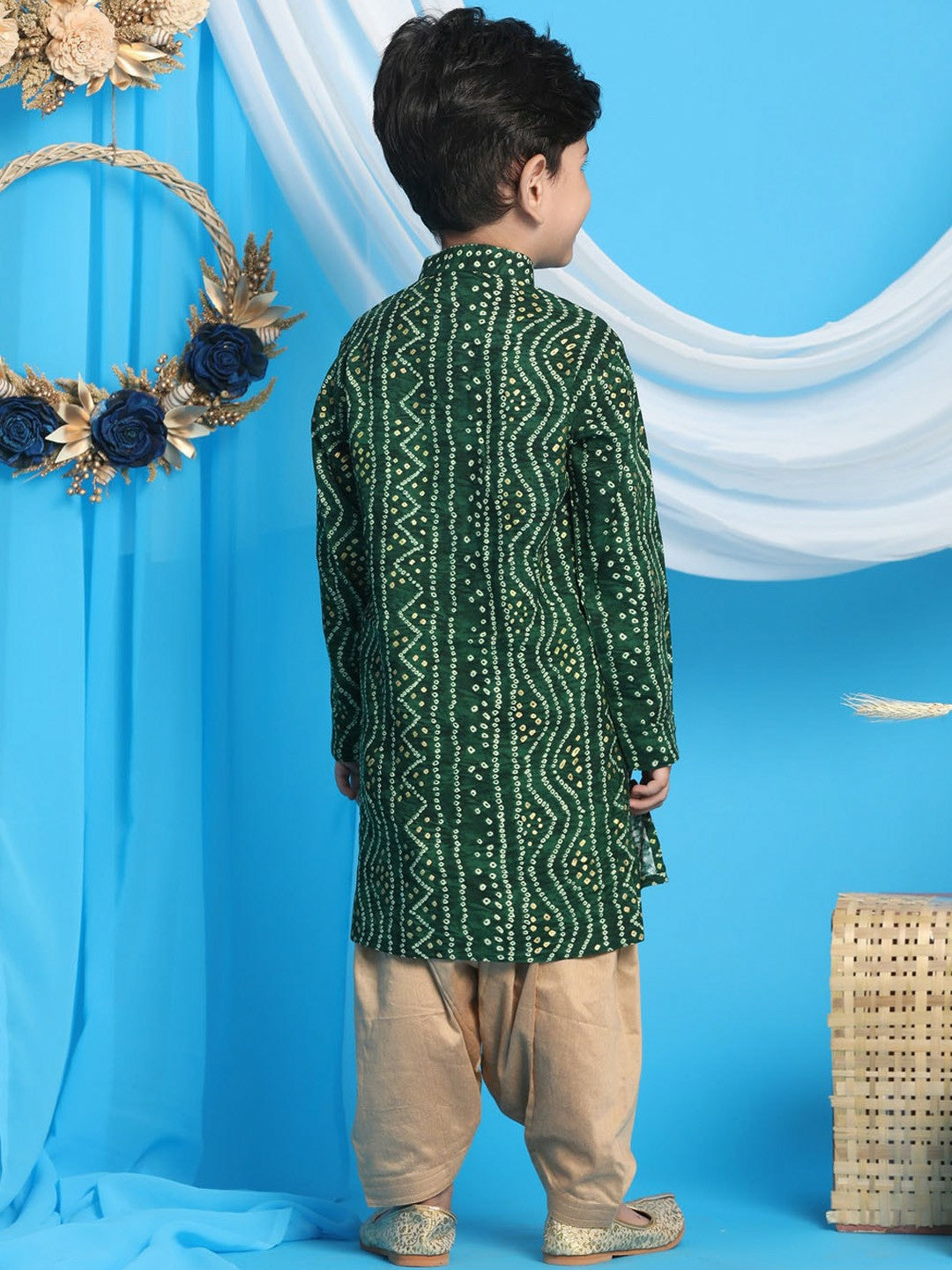 Boys Green Bandhani Printed Kurta with Dhoti Pants – Ethnic Wear for Festivals & Weddings