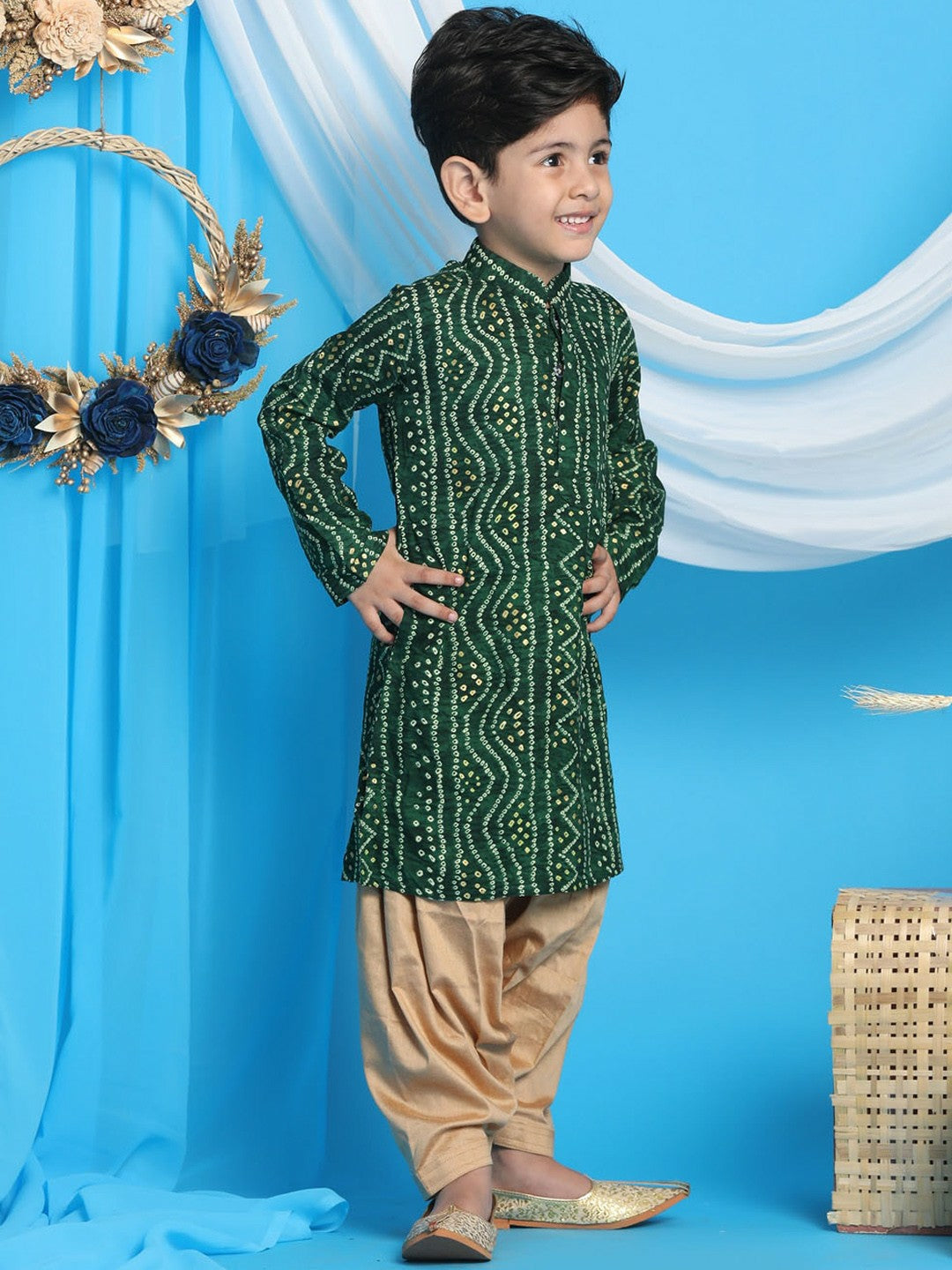 Boys Green Bandhani Printed Kurta with Dhoti Pants – Ethnic Wear for Festivals & Weddings