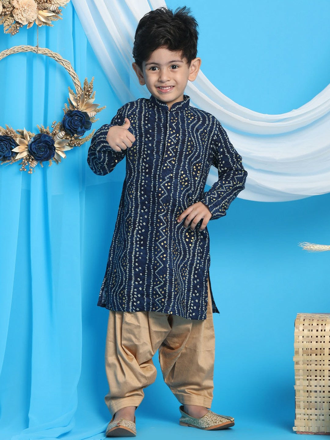 Boys Blue Bandhani Printed Kurta with Dhoti Pants – Ethnic Indian Outfit for Festivals & Weddings