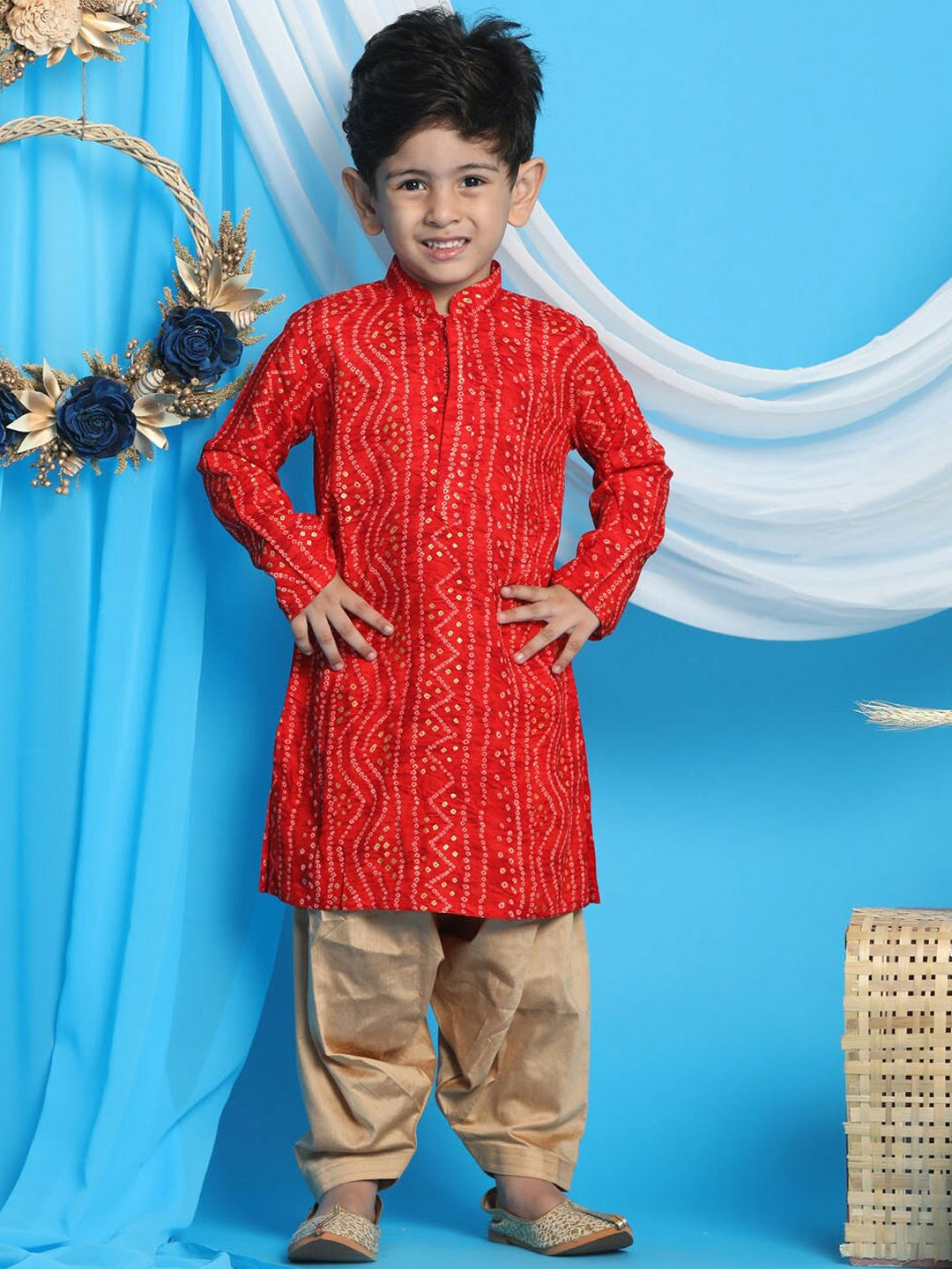 Boys Red Bandhani Printed Kurta with Dhoti Pants – Ethnic Indian Outfit for Weddings & Festivals