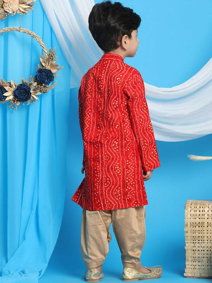 Boys Red Bandhani Printed Kurta with Dhoti Pants – Ethnic Indian Outfit for Weddings & Festivals