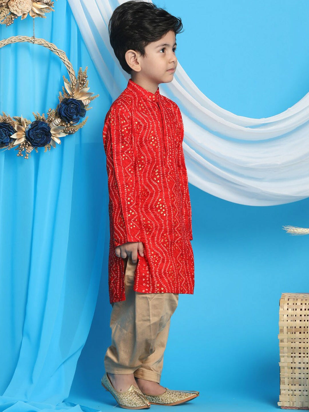 Boys Red Bandhani Printed Kurta with Dhoti Pants – Ethnic Indian Outfit for Weddings & Festivals