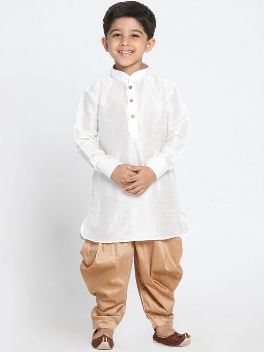 White & Beige Self-Design Kurta with Dhoti Pants – Ethnic Wear for Boys | Indiaista