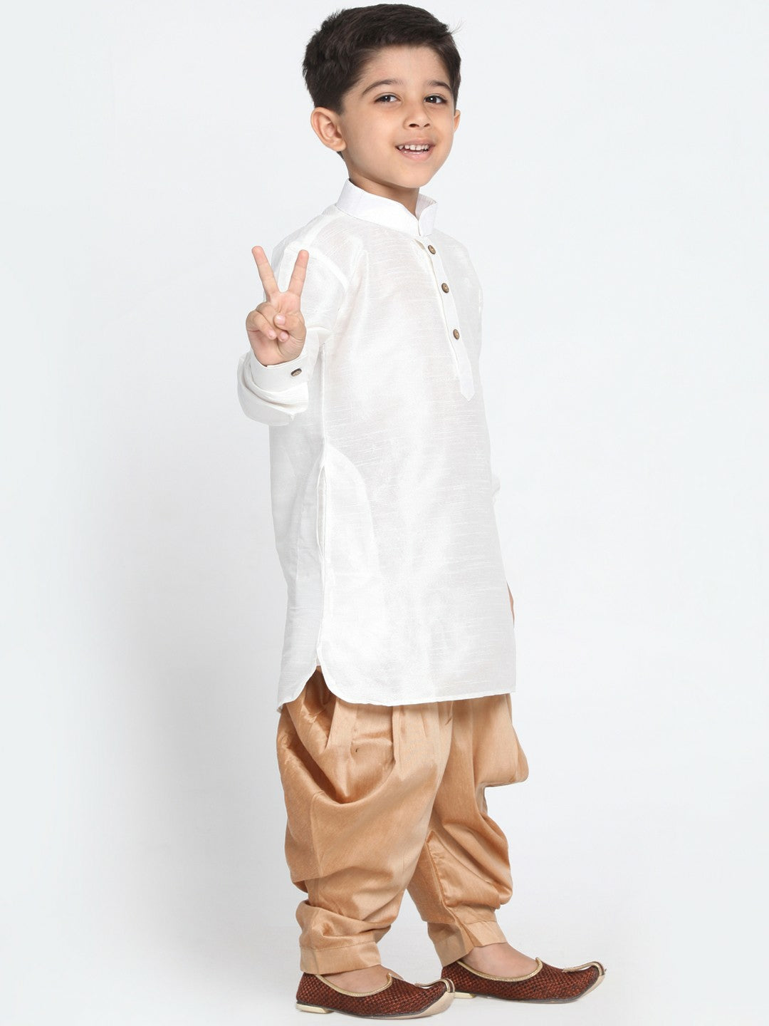 White & Beige Self-Design Kurta with Dhoti Pants – Ethnic Wear for Boys | Indiaista