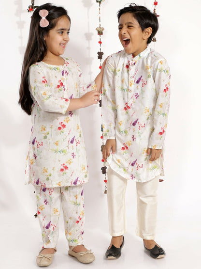 Cream-Coloured Floral Printed Kurta with Pyjama – Ethnic Indian Outfit for Boys