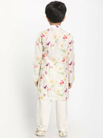 Cream-Coloured Floral Printed Kurta with Pyjama – Ethnic Indian Outfit for Boys