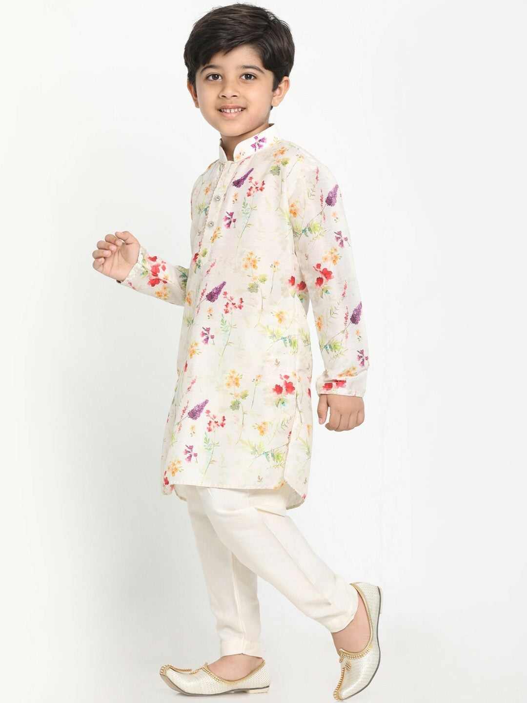 Cream-Coloured Floral Printed Kurta with Pyjama – Ethnic Indian Outfit for Boys