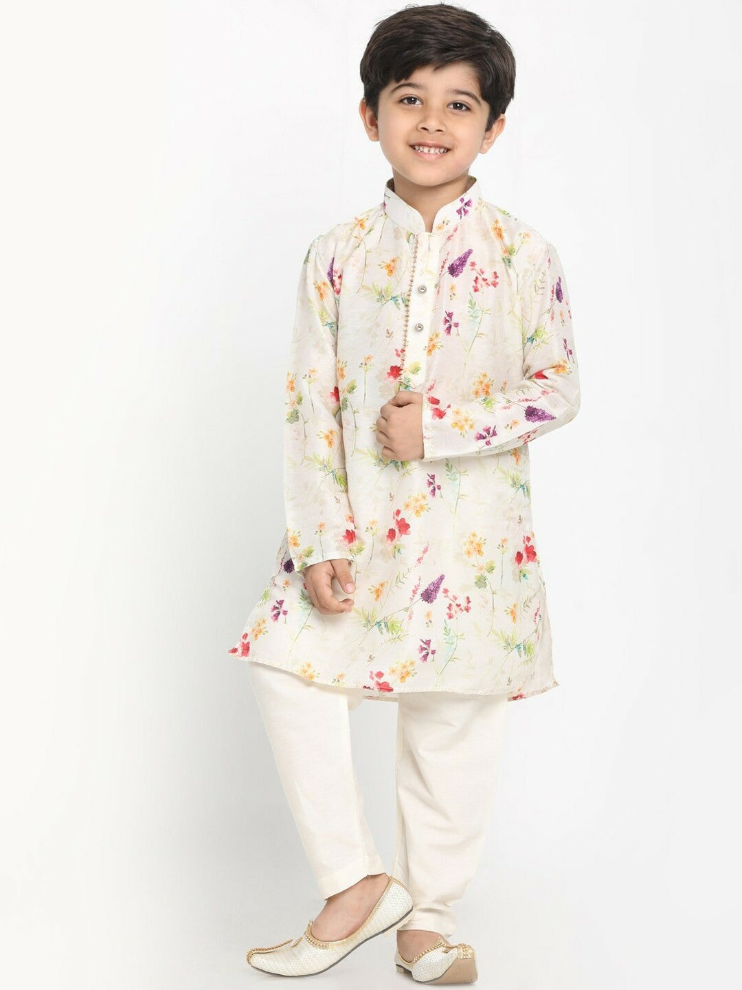 Cream-Coloured Floral Printed Kurta with Pyjama – Ethnic Indian Outfit for Boys