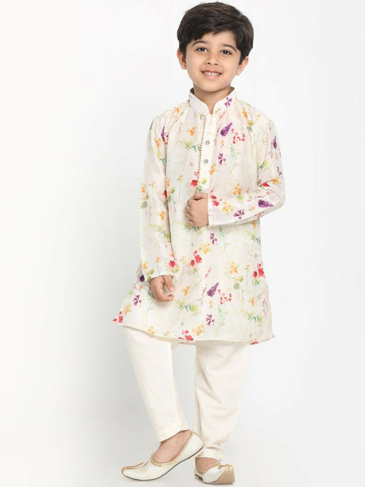 Cream-Coloured Floral Printed Kurta with Pyjama – Ethnic Indian Outfit for Boys