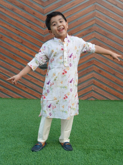 Cream-Coloured Floral Printed Kurta with Pyjama – Ethnic Indian Outfit for Boys