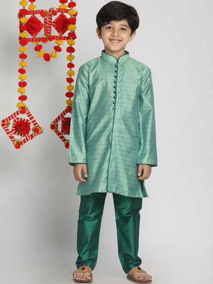 Boys Green Printed Kurta with Pyjama – Ethnic Silk Blend Outfit for Weddings & Festivals