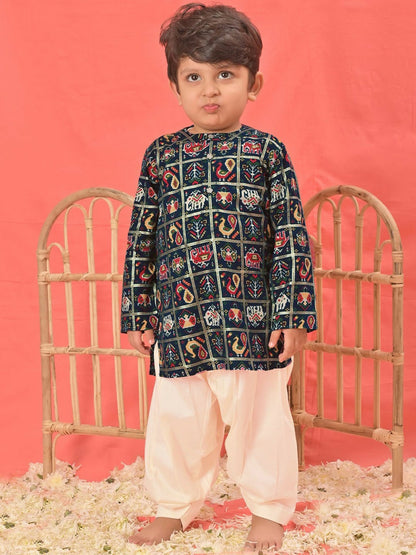 Boys' Blue Printed Kurta with Patiala – Ethnic Wear for Weddings & Festivals