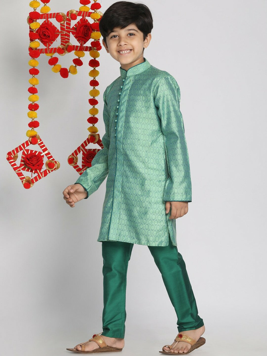 Boys Green Printed Kurta with Pyjama – Ethnic Silk Blend Outfit for Weddings & Festivals