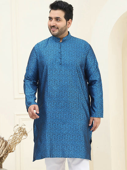 Men’s Blue & Black Floral Woven Design Kurta – Mandarin Collar, Silk, Knee-Length, Regular Fit | Indiaista