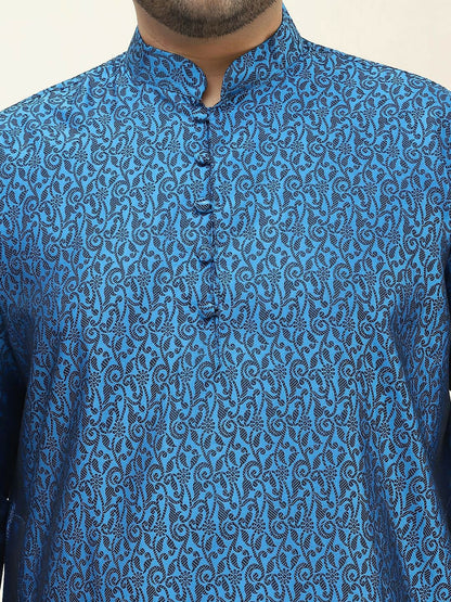 Men’s Blue & Black Floral Woven Design Kurta – Mandarin Collar, Silk, Knee-Length, Regular Fit | Indiaista