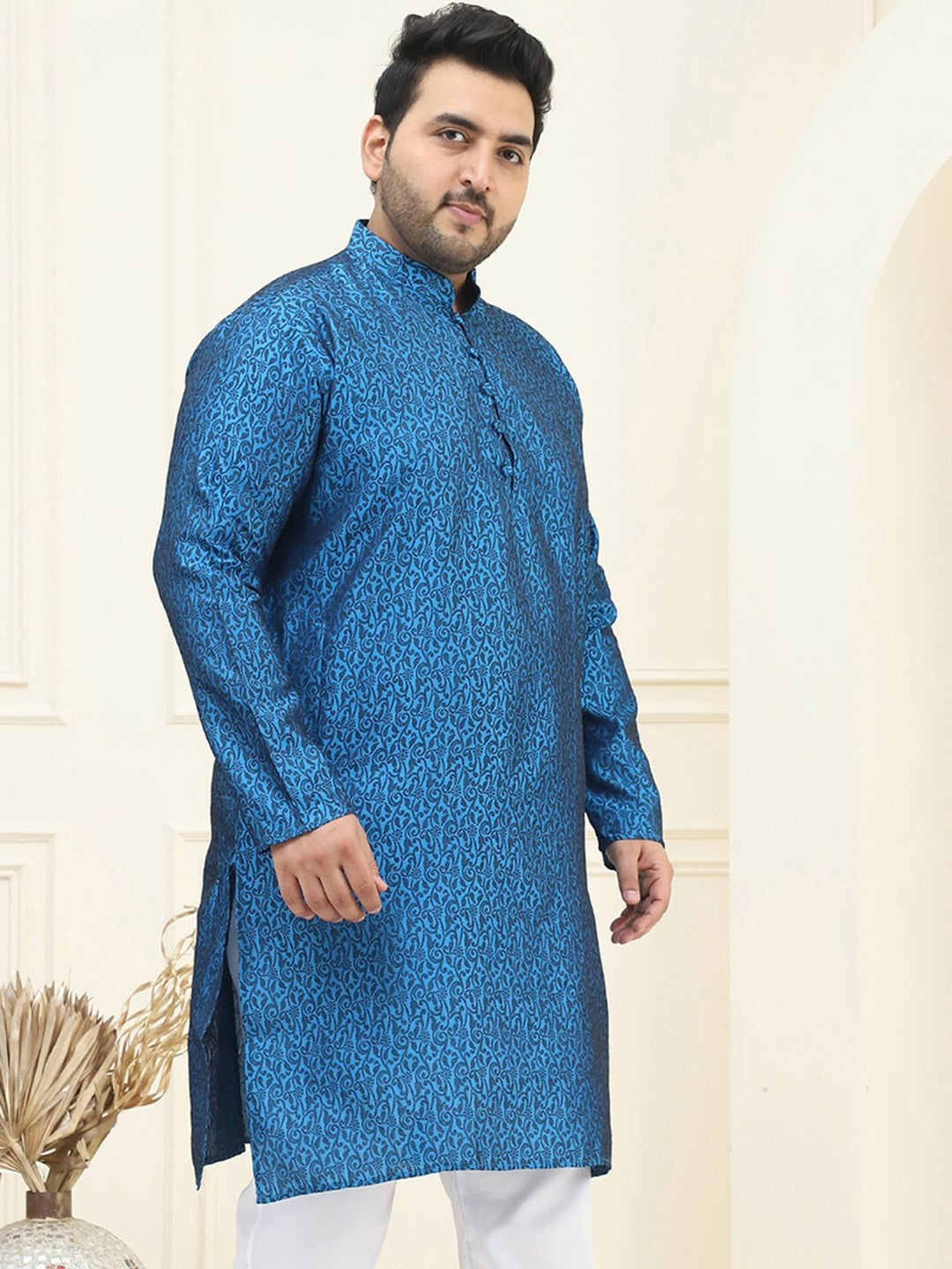 Men’s Blue & Black Floral Woven Design Kurta – Mandarin Collar, Silk, Knee-Length, Regular Fit | Indiaista