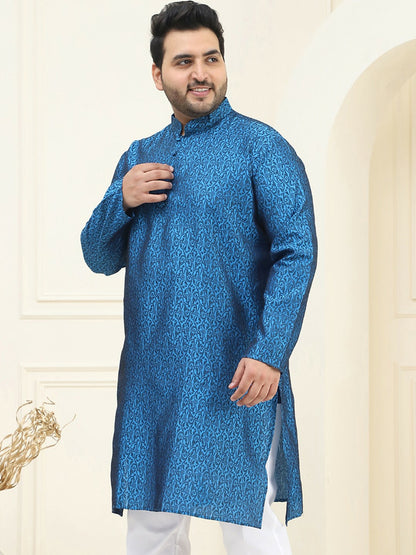 Men’s Blue & Black Floral Woven Design Kurta – Mandarin Collar, Silk, Knee-Length, Regular Fit | Indiaista