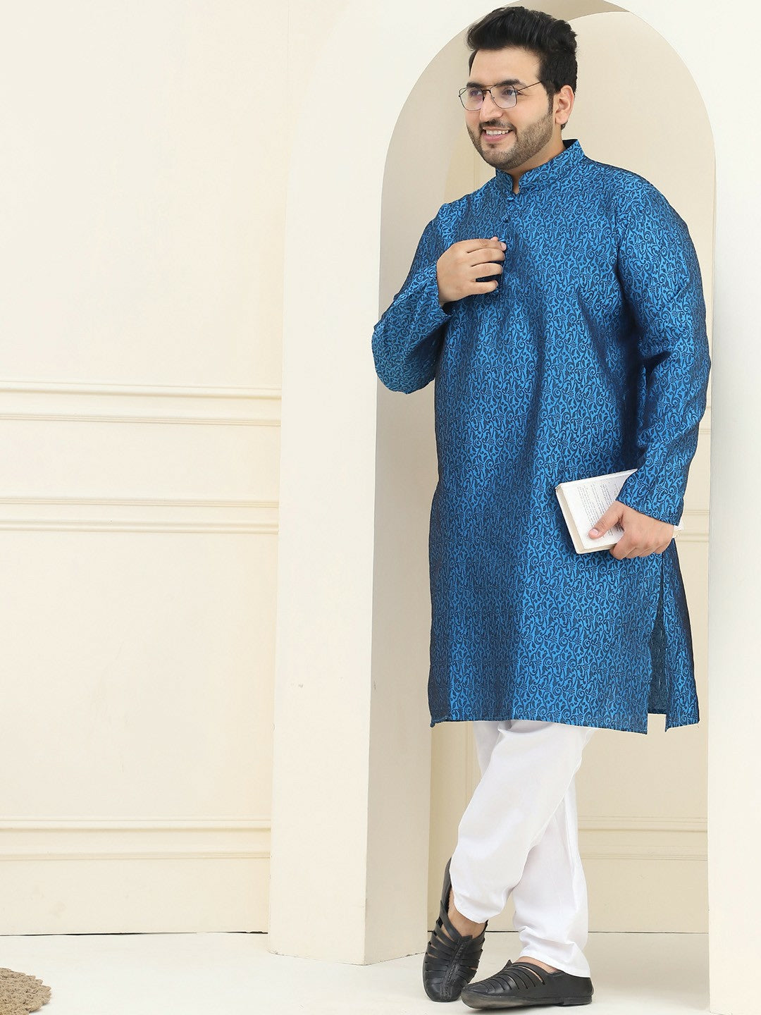 Men’s Blue & Black Floral Woven Design Kurta – Mandarin Collar, Silk, Knee-Length, Regular Fit | Indiaista