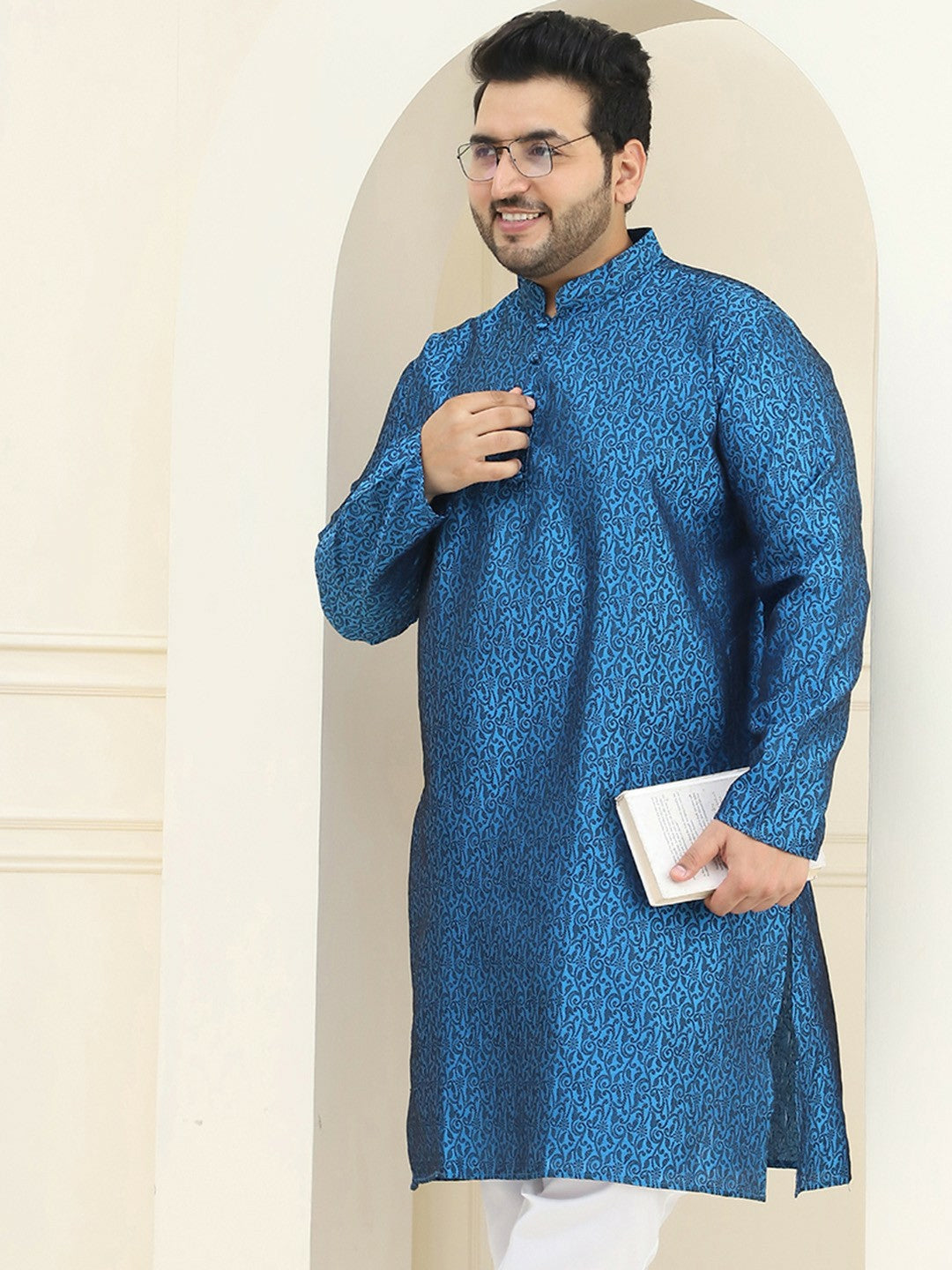 Men’s Blue & Black Floral Woven Design Kurta – Mandarin Collar, Silk, Knee-Length, Regular Fit | Indiaista