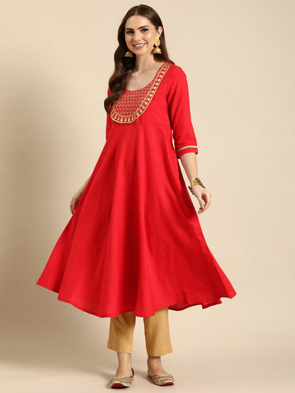 Red and Gold-Toned Women Ethnic Kurta with Zari Work – A-Line, Calf-Length | Indiaista