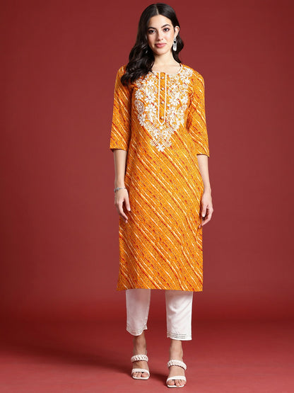 Yellow Paisley Embroidered Cotton Straight Kurta for Women | Indiaista