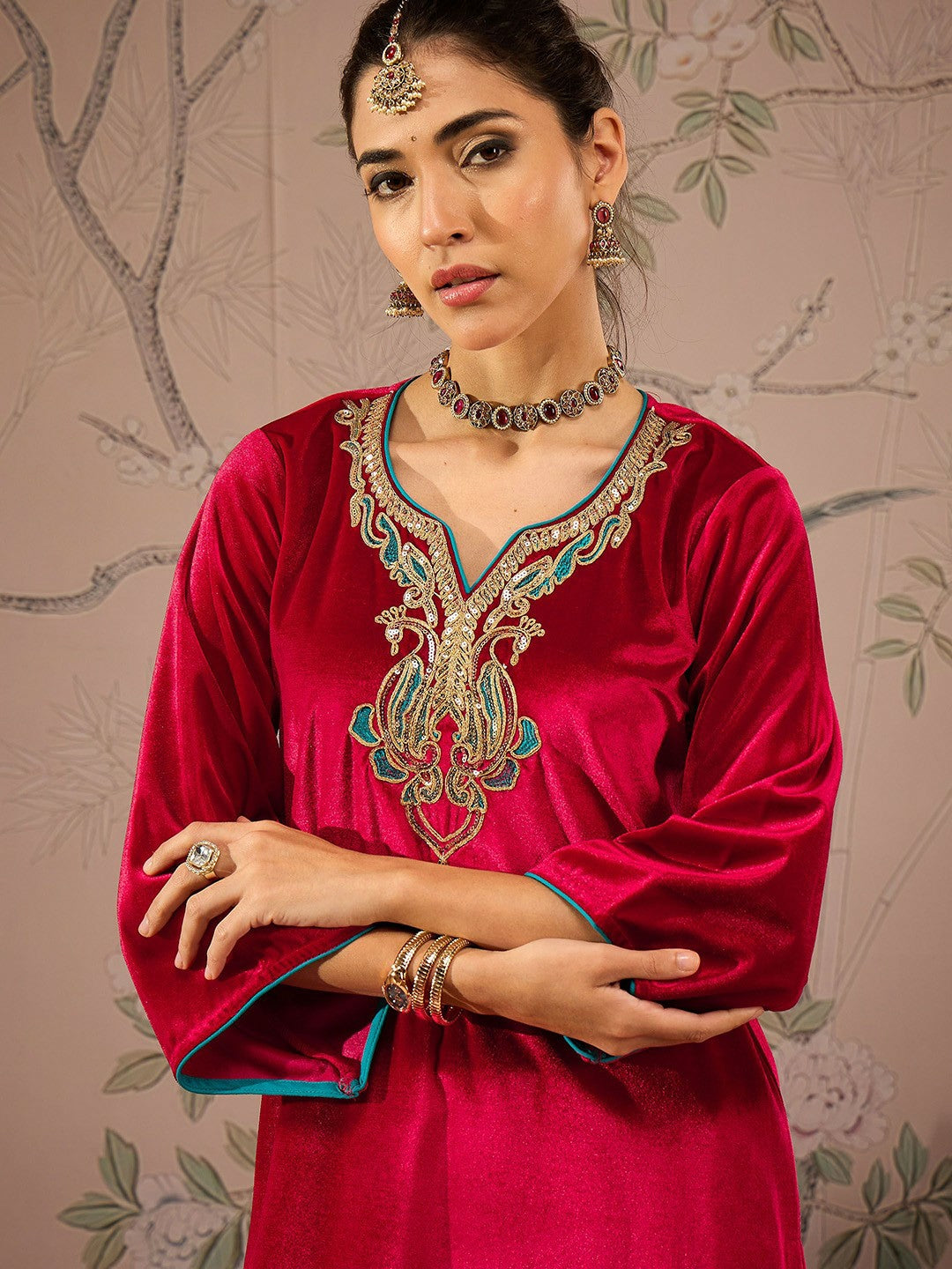 Red Velvet Embroidered Kurta for Women – Bollywood Eid Diwali Indian Pakistani Outfit | Indiaista