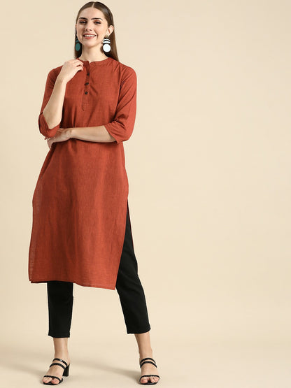 Buy Rust Solid Women’s Mandarin Collar Kurta - Stylish Cotton Kurta for Everyday Wear | IndiaIsta