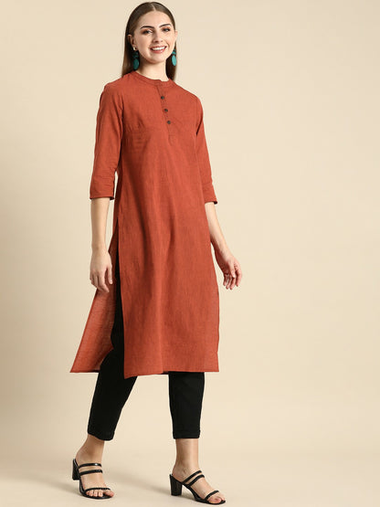 Buy Rust Solid Women’s Mandarin Collar Kurta - Stylish Cotton Kurta for Everyday Wear | IndiaIsta