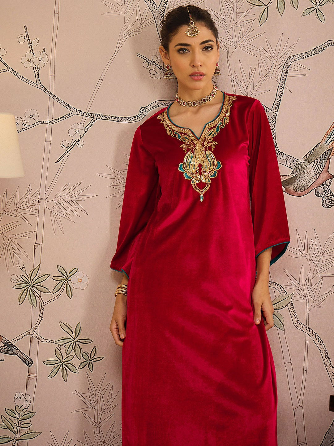 Red Velvet Embroidered Kurta for Women – Bollywood Eid Diwali Indian Pakistani Outfit | Indiaista