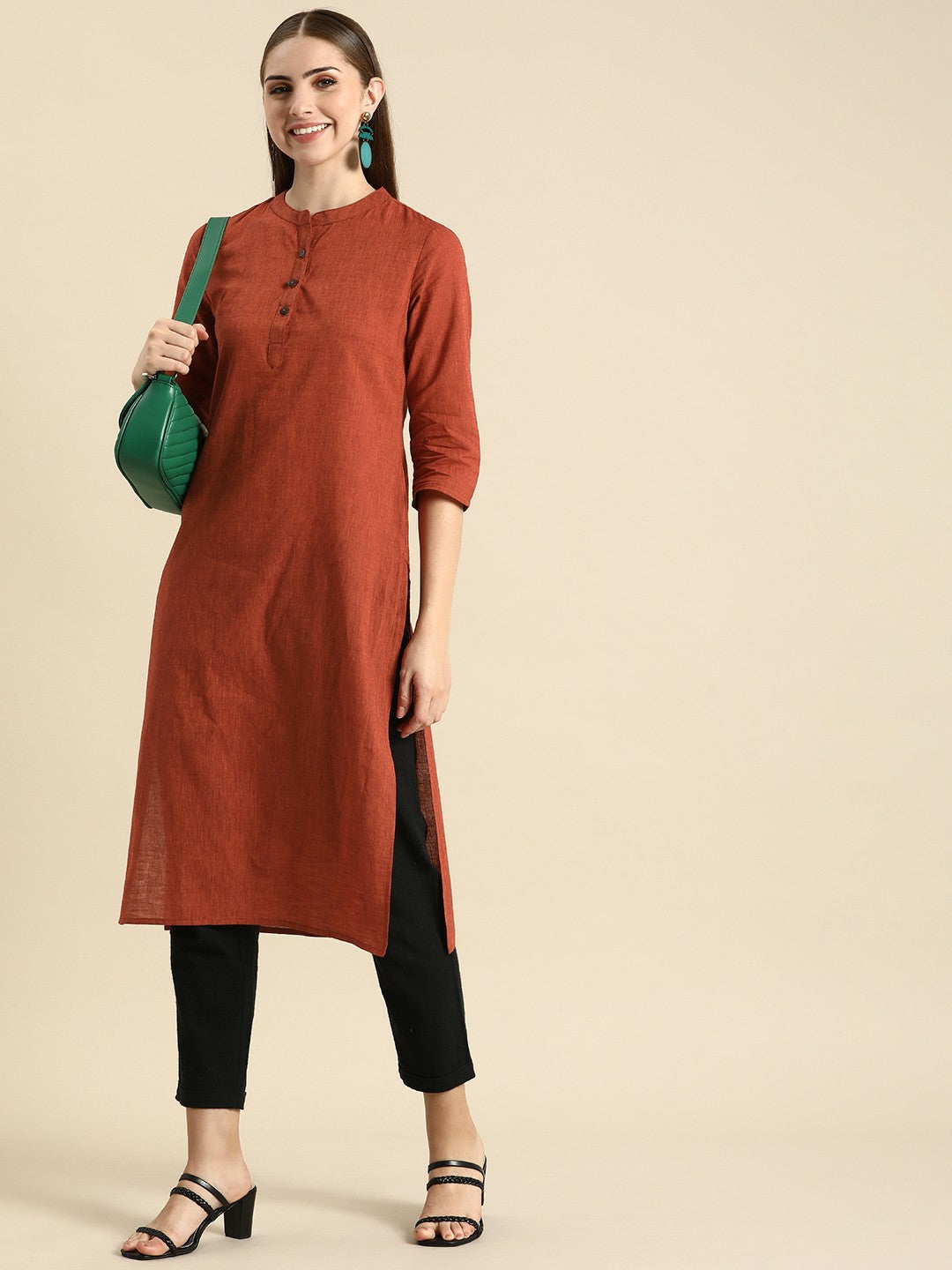 Buy Rust Solid Women’s Mandarin Collar Kurta - Stylish Cotton Kurta for Everyday Wear | IndiaIsta