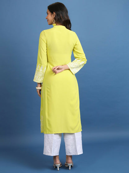 Elegant Yellow & White Ethnic Motif Printed Women's Kurta with Mandarin Collar | Indiaista